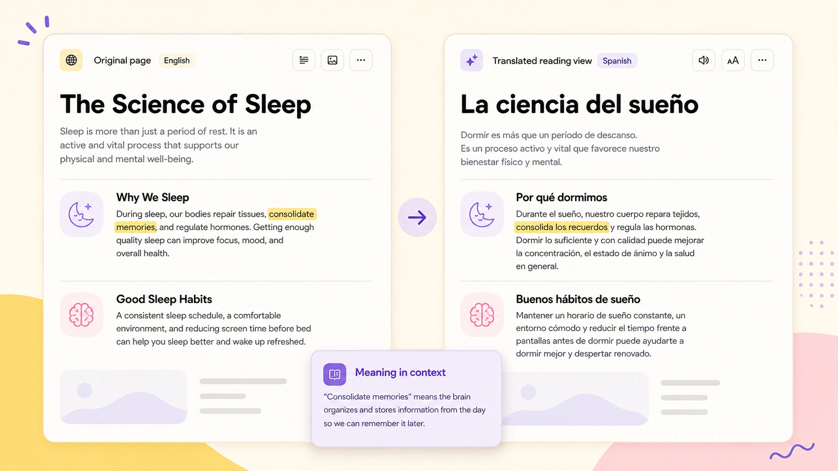 Original and translated AI Web Translator reading modes