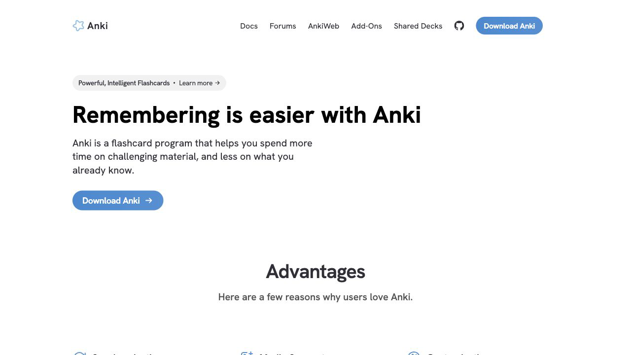 Anki homepage showing its spaced repetition flashcard workflow
