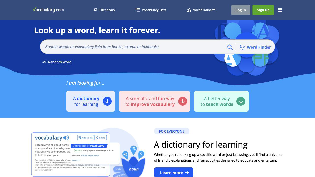 Vocabulary.com homepage showing a dictionary and vocabulary learning search workflow