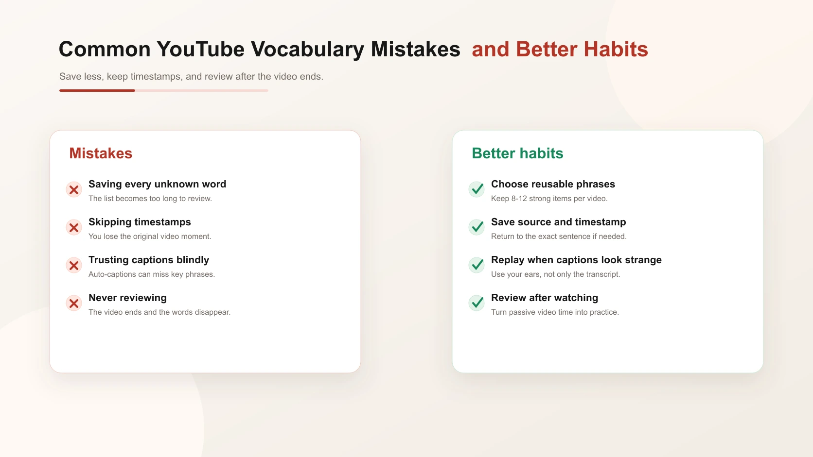 Common mistakes when learning vocabulary from YouTube videos