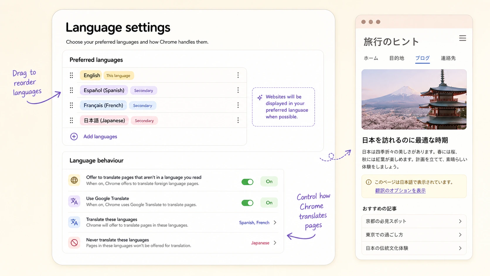 Chrome language settings with translation prompts enabled