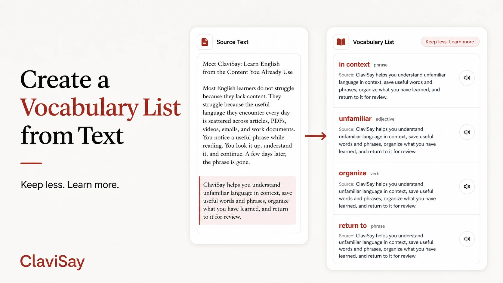 Contextual vocabulary list made from a source text with phrases and review notes