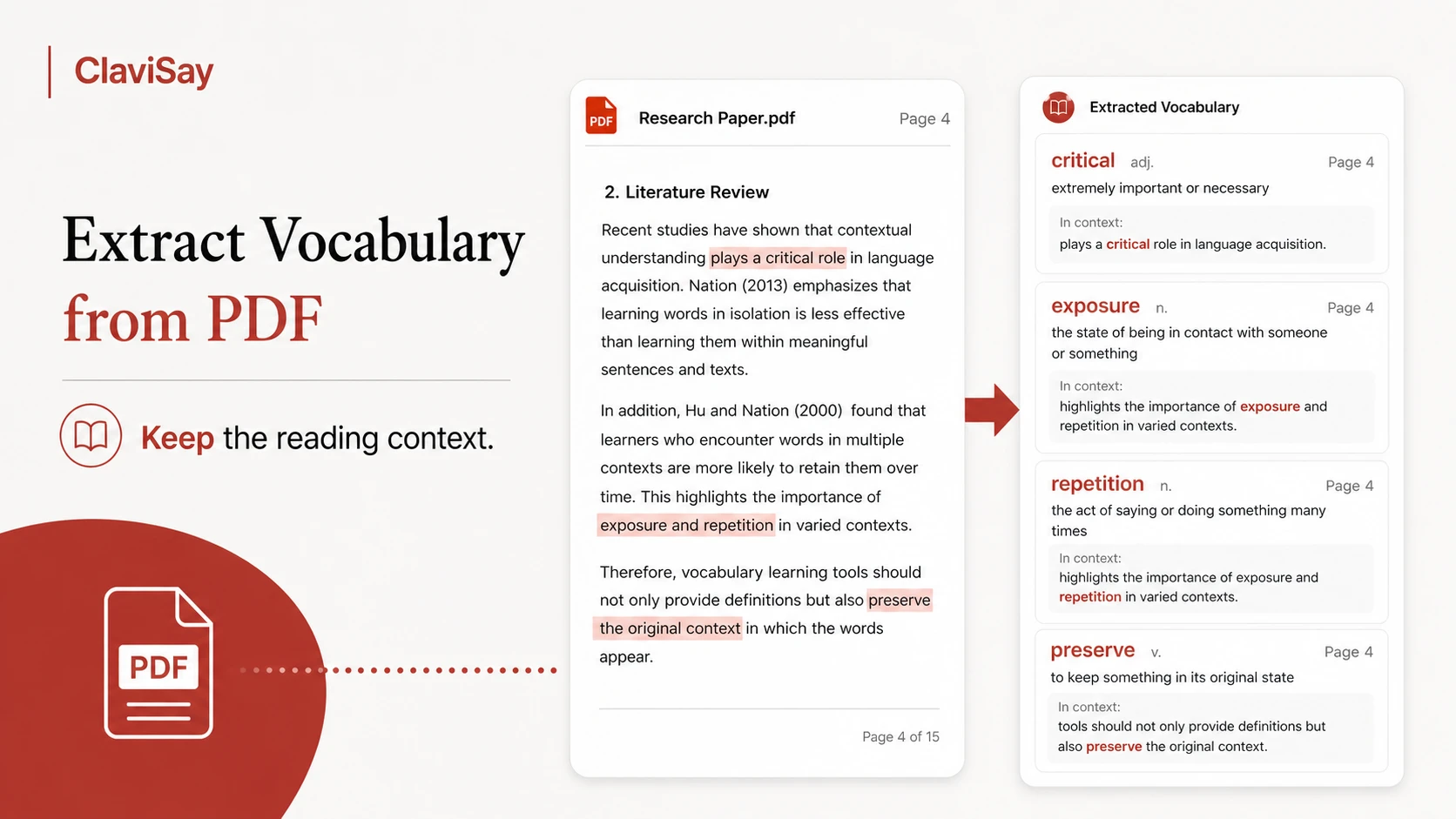 PDF vocabulary extraction workflow with page context and selected phrases