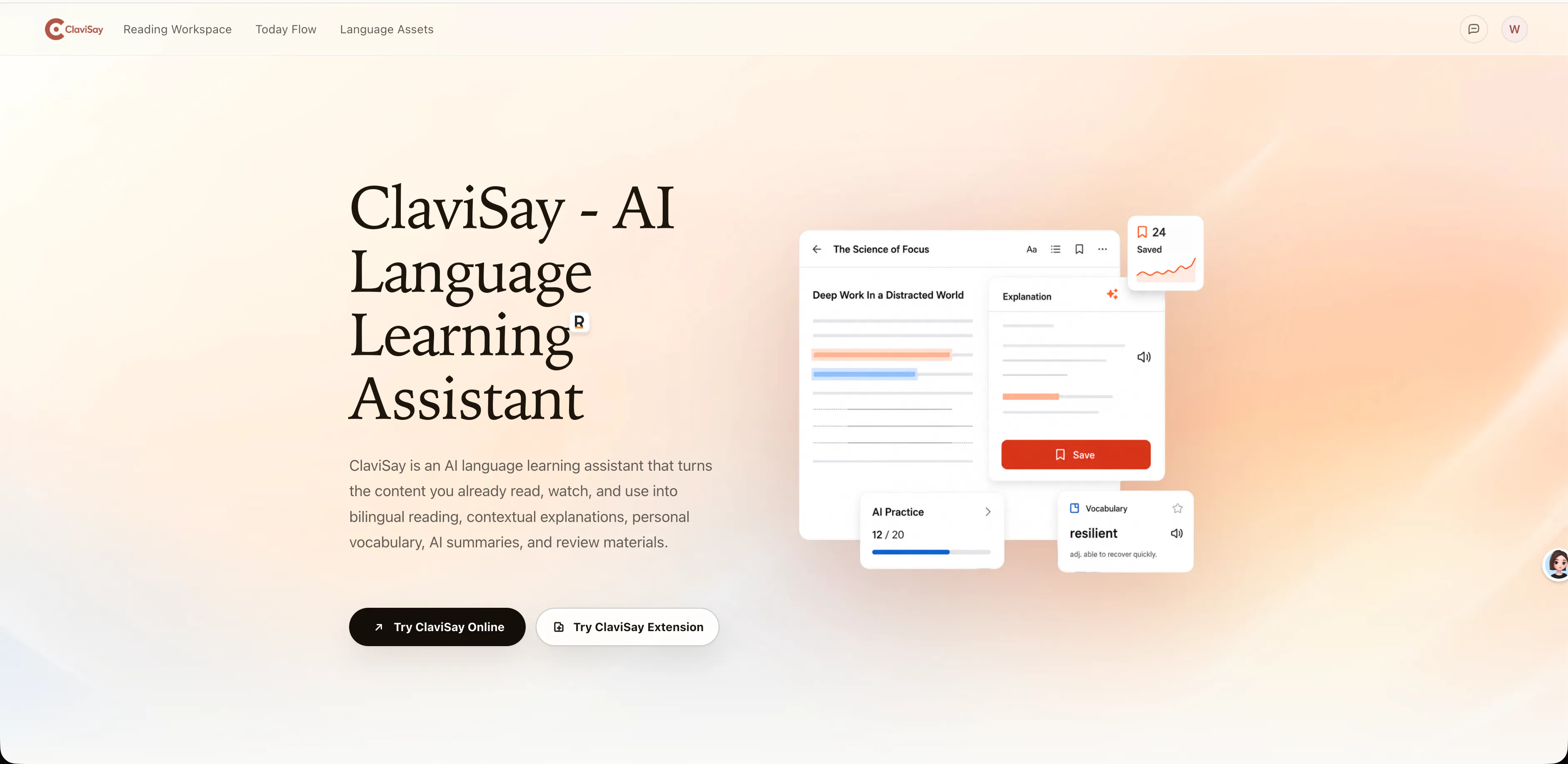 ClaviSay AI language learning assistant interface