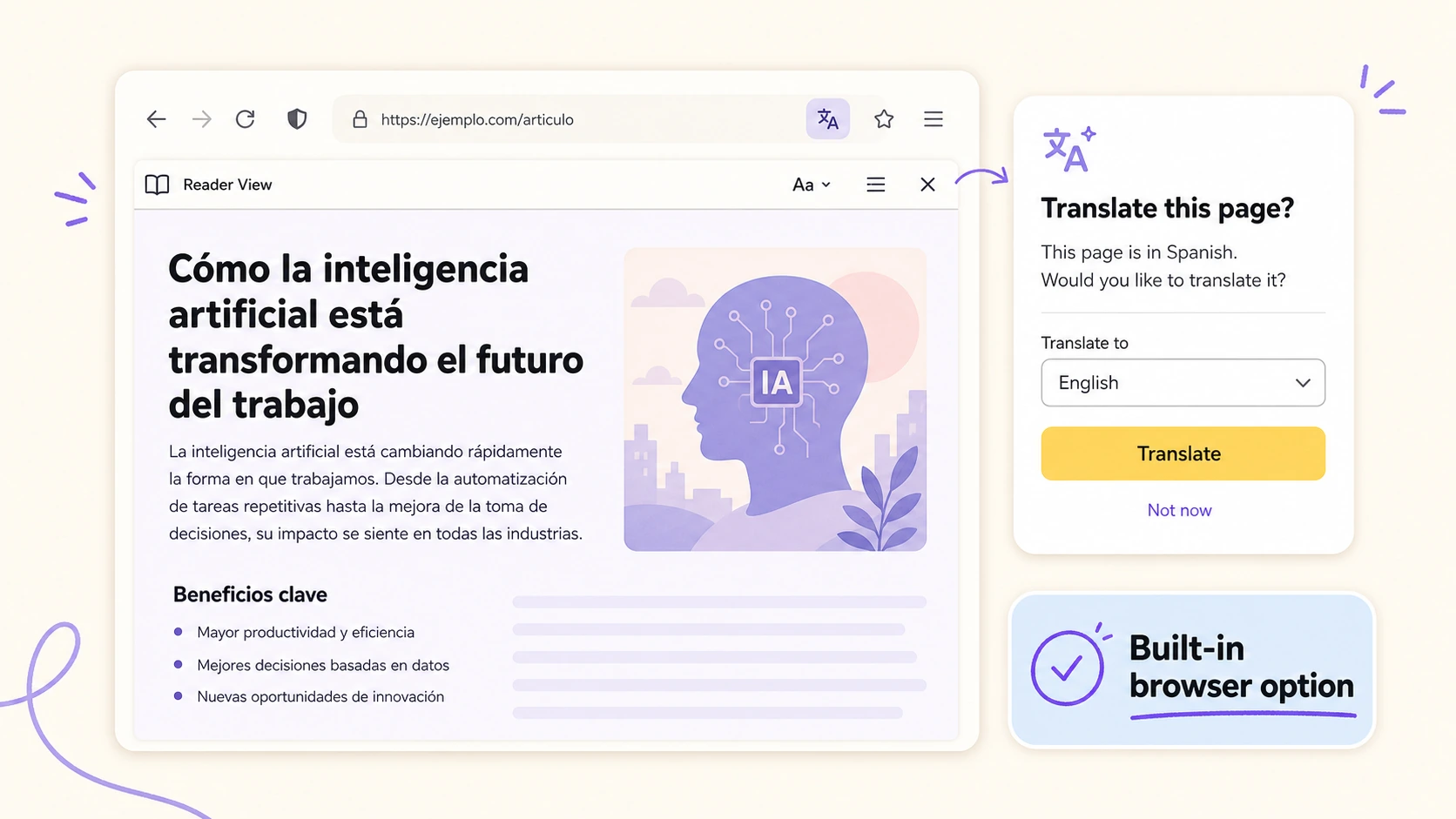 Firefox built-in webpage translation workflow without an extension