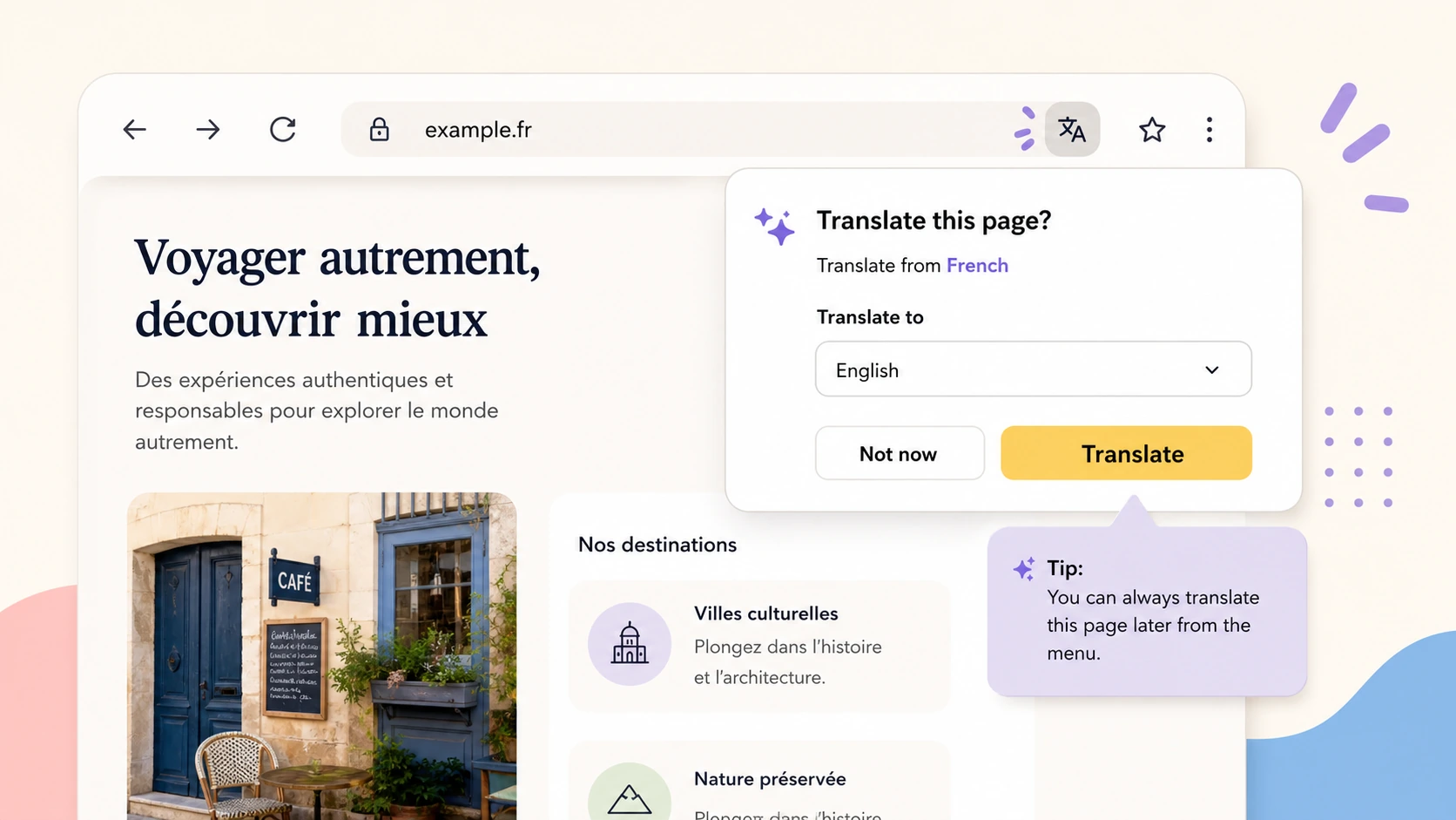 Firefox toolbar showing the webpage translation option