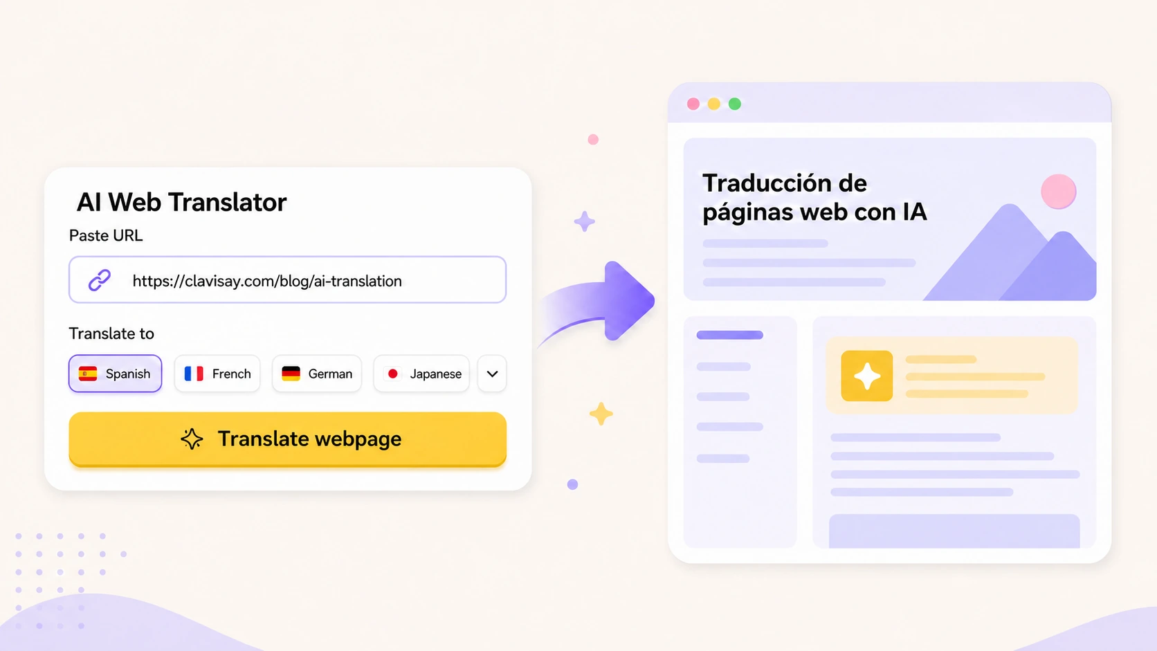 Pasting a webpage URL and choosing a target language in an AI translator