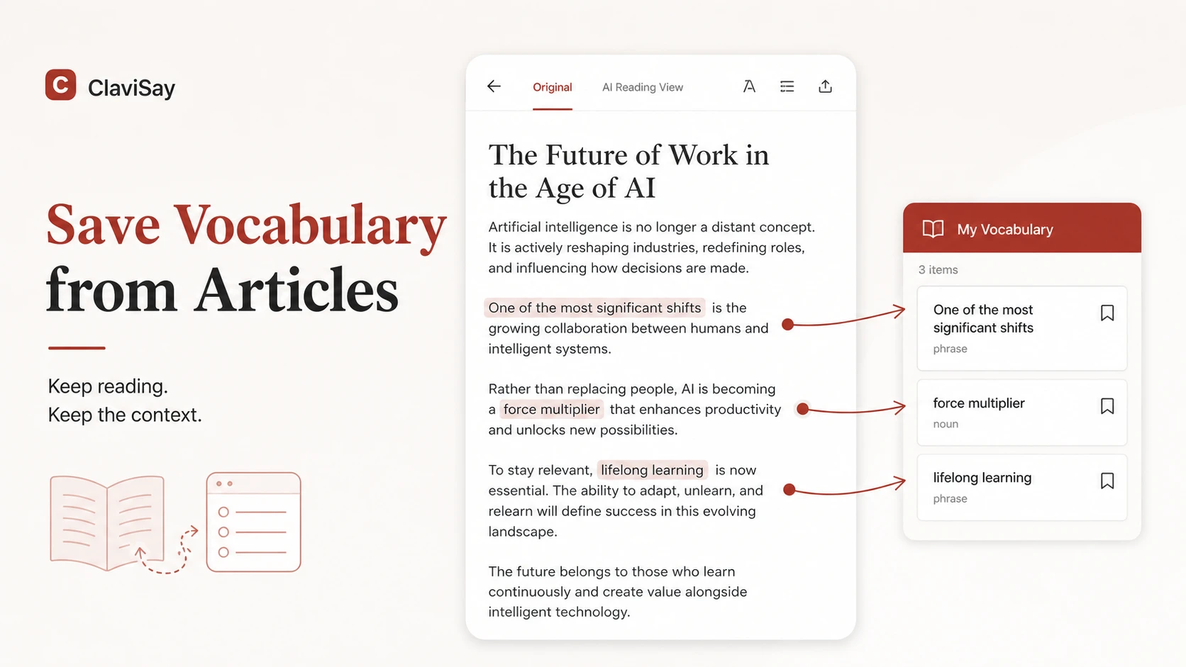 Article reading workflow that saves high-value vocabulary without interrupting focus