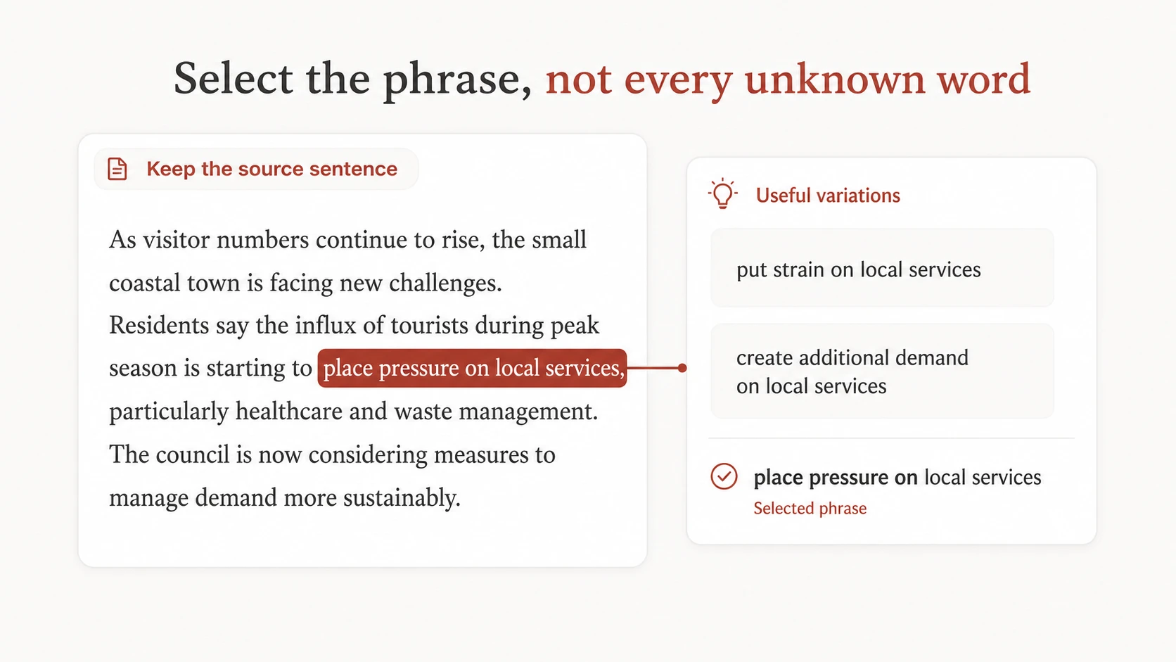 Saved vocabulary entry with phrase, source sentence, meaning, and reusable pattern