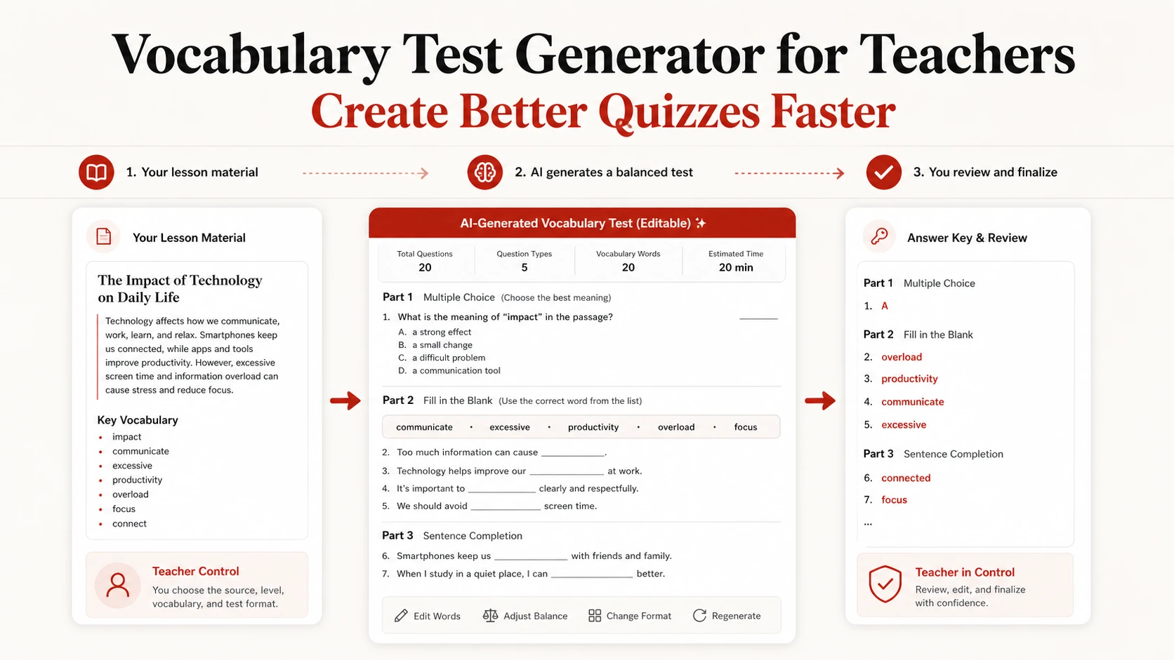 Teacher vocabulary test generator workflow with test blueprint and answer key