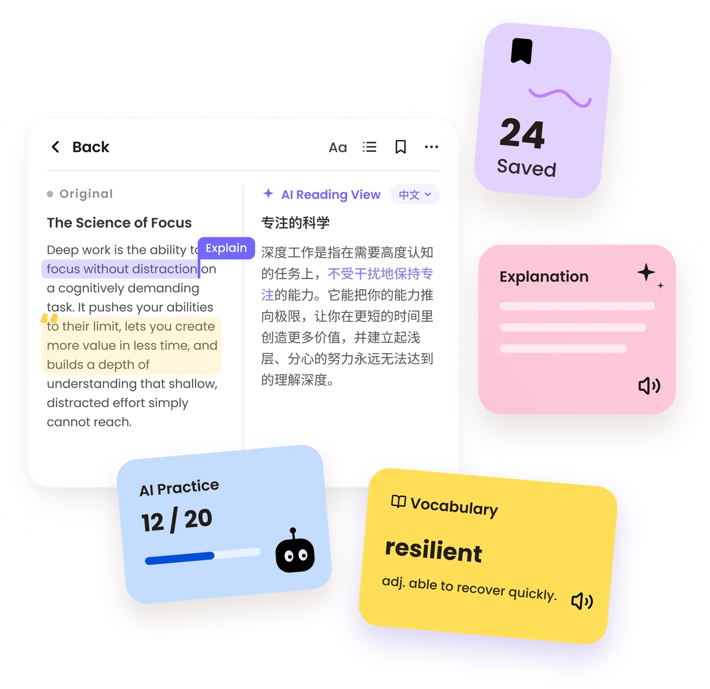 ClaviSay browser extension translating selected text with Translate, AI Explain, and Save to vocabulary