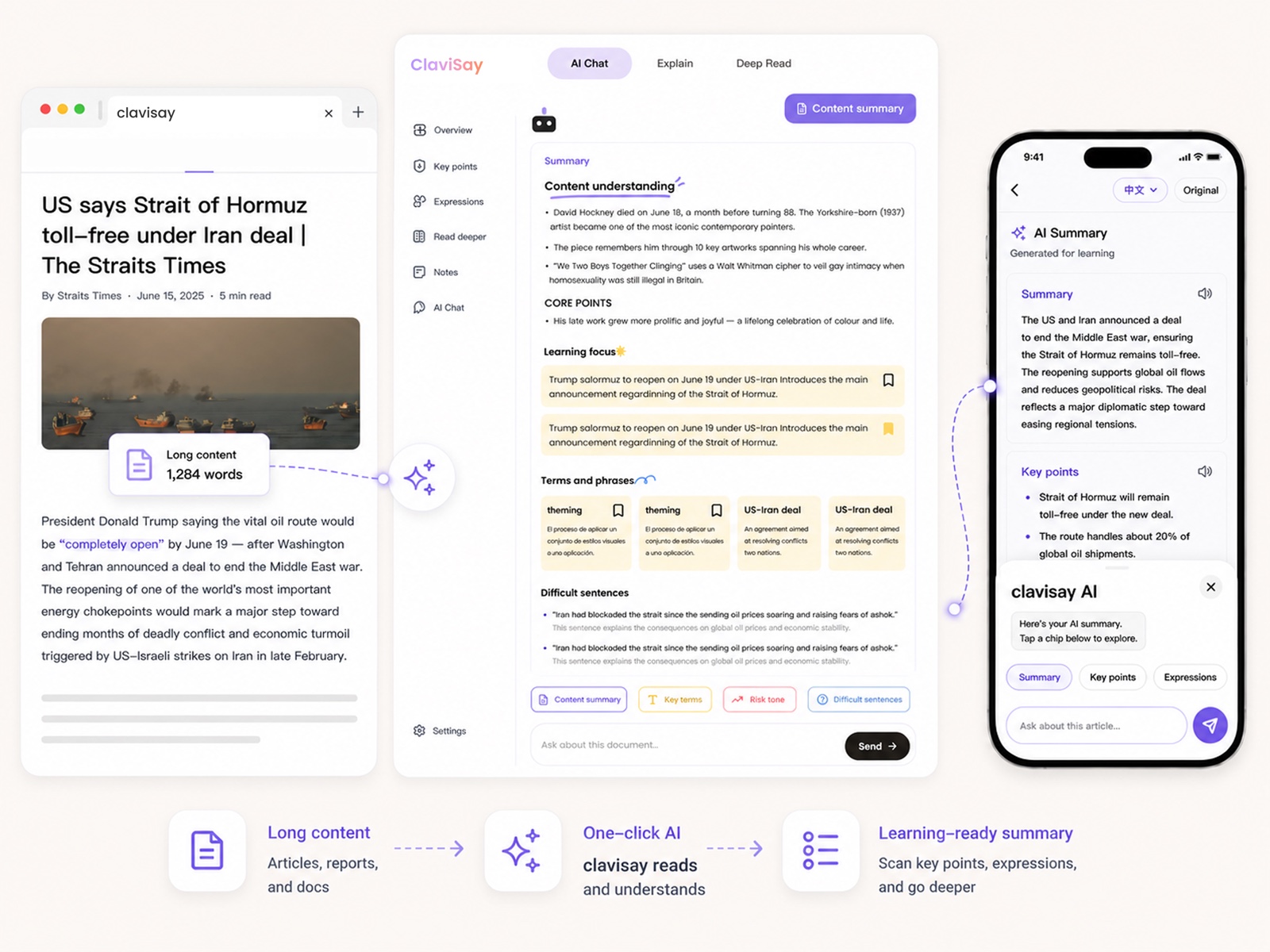 ClaviSay turning a long article into a learning-ready summary across web and mobile