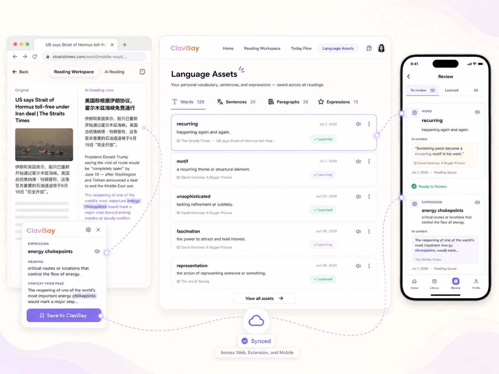 ClaviSay saved language assets synced across browser, web, and mobile