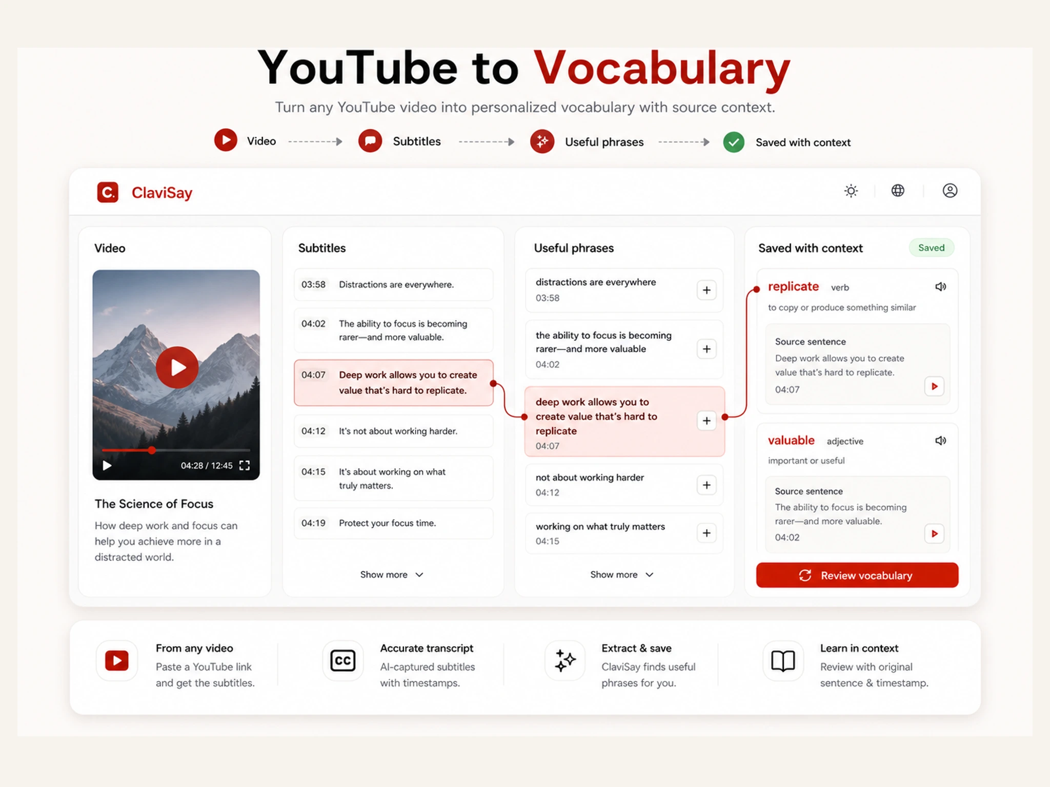 Overview of turning YouTube transcripts into vocabulary
